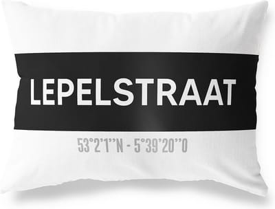 Tuinkussen LEPELSTRAAT - NOORD-BRABANT met coördinaten - Buitenkussen - Bootkussen - Weerbestendig - Jouw Plaats - Studio216 - Modern - Zwart-Wit - 50x30cm