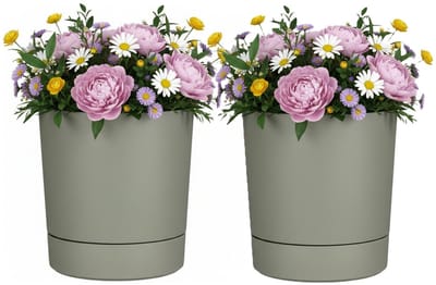 Mica Decorations Bloempot Coco - 2x - met onderschaal - olijfgroen - H34 x D33 cm - kunststof - buiten