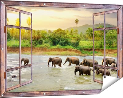 Gards Tuinposter Doorkijk Kudde Olifanten in het Water - 120x80 cm - Tuindoek - Tuindecoratie - Wanddecoratie buiten - Tuinschilderij