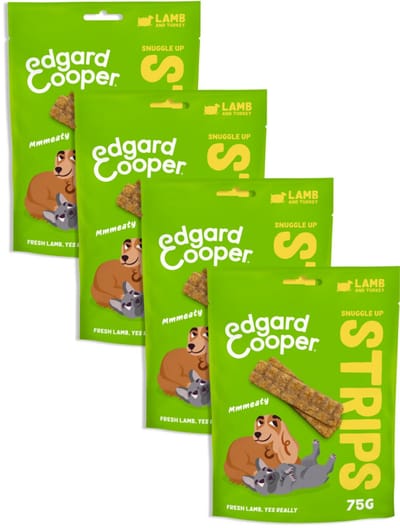 Edgard & Cooper Natural Dog Treats - Lam & Kalkoen Snuggle Up Strips - (4 x 75g), Graanvrij, Vers vlees met hoog eiwitgehalte, vol essentiële aminozuren