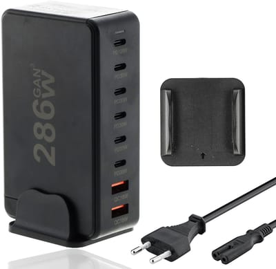 USB-C Snellader 286W Zwart – 8-Poorts GaN III Oplader met PD100W – Snelle USB Lader voor Laptop, Smartphone en Tablet
