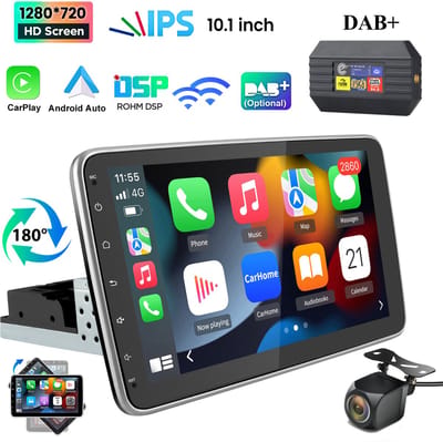 JUNSUN 1DIN autoradio 360° draaibaar scherm - Android 15 - AHD Achteruitrijcamera en DAB-adapter - Draadloos Carplay & Andriod Auto - Bluetooth - GPS-navigatiesystem, 4GB+64GB, 10 inch HD IPS touchscreen, WIFI & USB & FM, DSP, Octa-core processor