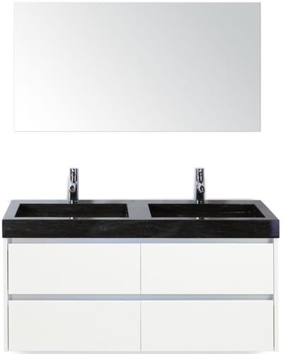 Dante Badmeubelset 120 cm - Wit Hoogglans - Wastafel Hardsteen Wit Lucca Dubbel met Spiegel