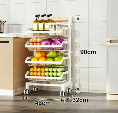 Dunne Keuken Opbergwagen - Meerdere Lagen Groenterek met Houten Handvat en Blokkeerbare Wielen - Wit 4 Lagen