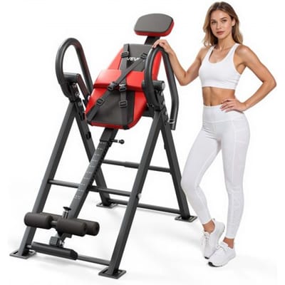 VEVOR Inversietafel tot 126 kg, robuuste inversietafel met dubbel rolvergrendelingsmechanisme, rugtrainer voor het verlichten van rug-, nek-, rug- en knieklachten, rugstrekbank rood zwart