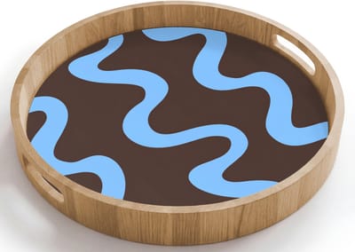 Dienblad rond 40x40 cm - Schootdienblad hout - Kronkelende lijnen - Blauw - Bruin - Minimalistisch - Borrelplank rechthoek - Plateau houten dienbladen