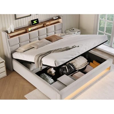 ModernLuxe Linnenopbergbed 160x200cm met LED- en USB-poorten - lattenbodem - beige