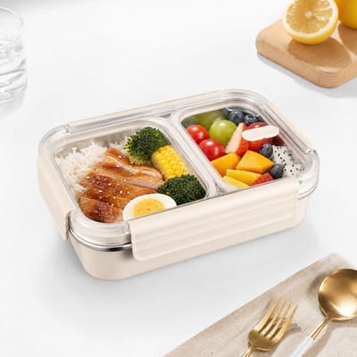 VHV - Lunchbox - Broodtrommel - Lunchbox met 2 Vakken - 304 RVS Broodtrommel - Luchtdicht & Lekvrij - Magnetronbestendige Voedselcontainer - 22.5x16.5x7 cm - Beige