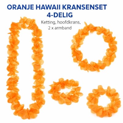 Oranje Hawaii Kransenset 4-Delig – Ketting, Hoofdkrans & 2x Armband – Hawaii Slingers Oranje – Festival / WK / Koningsdag