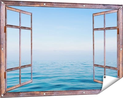 Gards Tuinposter Doorkijk Zee met een Blauw Hemel Achtergrond - 120x80 cm - Tuindoek - Tuindecoratie - Wanddecoratie buiten - Tuinschilderij