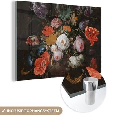 MuchoWow® Glasschilderij 60x40 cm - Schilderij acrylglas - Stilleven met bloemen en een horloge - Schilderij van Abraham Mignon - Foto op glas - Schilderijen