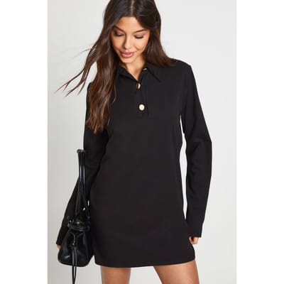 boohoo Dames T-shirtjurk met kraag en gouden knopen | Black | Maat: 8
