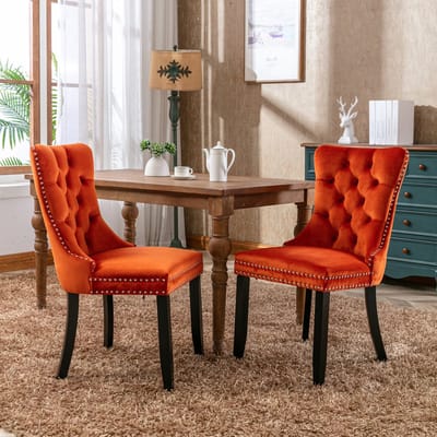 Eetkamerstoelen - Set Van 2 - Gestoffeerde eetkamerstoel - Eettafelstoel - Eetkamerstoelen - Stoel - Flueel - Houten stoelpoten - Modern Design - Oranje