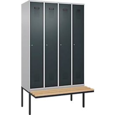 C+P Evolo Plus garderobekast, 4 vakken van elk 300 mm breed, zwevende bank, B 1200 x D 815 x H 2120 mm, cilinder, blank aluminium/antracietgrijs