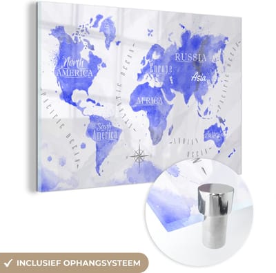 ® Glasschilderij 150x100 cm - Schilderij acrylglas - Wereldkaart - Waterverf - Blauw - Foto op glas - Muurdecoratie woonkamer - Wanddecoratie slaapkamer - Schilderijen