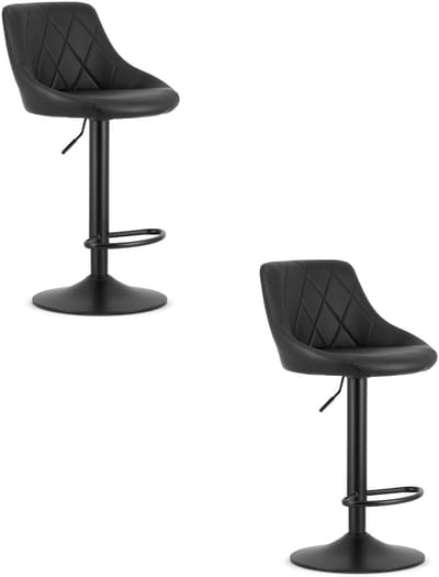 Set van 2 Barkrukken AREX - Kunstleer Zwart, Mat Zwarte Basis, Rugleuning, Modern Design, Hoogte Verstelbaar, 360° Draaibaar, Max. 120 kg
