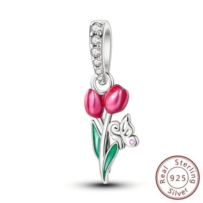 Fler® | Bedel | Past op populaire bedelarmbanden (standaard - 3mm) | Tulpen Bedel met Vlinder | Hangbedel Charm | 925 sterling zilver | Transparante zirkonia | Roze & Groene emaille | Armband Kraal | Valentijnsdag Cadeau | Sinterklaas kado | Kerst