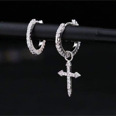 Mode Zilverkleurig Kruis Hanger Asymmetrische Oorbellen Voor Vrouwen Sprankelende Kubieke Zirconia Hoepel Oorbellen Groothandel S -E1093 black
