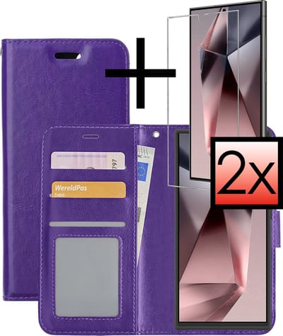 Hoesje - Met 2x Screenprotector - Geschikt voor Samsung Galaxy S24 Ultra - Luxe Pasjeshouder - Bookcase Portemonee - Flip Case - Kunstleer Book Case - Flipcase Hoes - Book Cover - Walletcase - Portemonneehoes - Paars