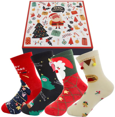 Dailygoods - Andiker 4 paar kerstsokken voor dames en heren, kleurrijke thermische sokken met aantrekkelijke patronen, feestelijke kerstsokken met kerstdoos