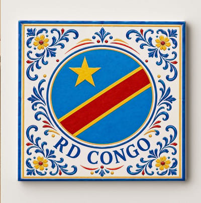 DR Congo Decoratieve Tegel – RD Congo Vlag Design met Delfts Blauwe Bloemenrand – Keramische Souvenir Cadeautegel