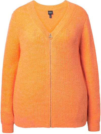 Ulla Popken - Dames - Vest patentbreisel V-hals lange mouw percentage wol - Neonoranje - Maat 50+
