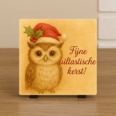 Wenstegelte - Spreuktegel - Kerst Tegeltje Uil – Fijne Uiltastische Kerst – Kerst Cadeau & Decoratie – Incl standaard