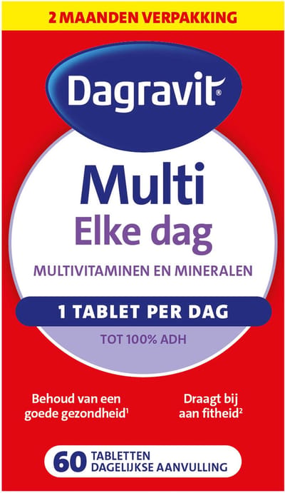 Dagravit Multi Elke Dag - Multivitaminen en mineralen - Behoud van een goede gezondheid (1) - Draagt bij aan fitheid (2) - 1 tablet per dag - 60 tabletten