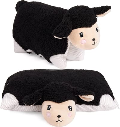 BRUBAKER Knuffeldieren Kussen Schaap - 2 in 1 Pluche Dier en Knuffelkussen - 40 x 30 cm Decoratief Kussen - Opvouwbaar Kinderkussen van Pluche met Klittenband - Dierenkussen Schaap Speelgoed - Zwart