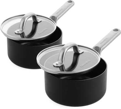 Greenpan Omega keramische inductie steelpannenset met deksels 2-delig - 16/18cm - 1.5/2.3L - PFAS-vrij - Inductie pannenset - Inductie steelpan - Vaatwasserbestendig - Ovenbestendig tot 200°C - Krasbestendig - Stapelbaar - Aluminium - Zwart