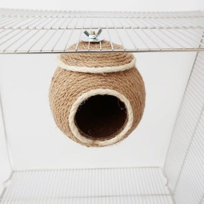 Nid d'oiseau tissé résistant aux morsures décoratif en chanvre et coquille de noix de coco fait à la main maison pour perroquets pour perruches beige