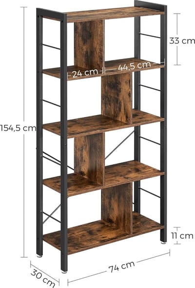 FurnStar - Boekenkast - Plank - Boekenkast - Kantoorrek met 5 niveaus - Opbergrek - Groot - Metalen frame - Industriële stijl - 154.5 x 74 x 30 cm - Vintage bruin - inktzwart