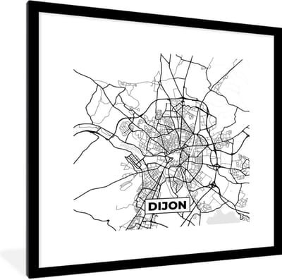 Fotolijst incl. Poster Zwart Wit- Kaart - Plattegrond - Dijon - Frankrijk - Stadskaart - Zwart wit - 40x40 cm - Posterlijst