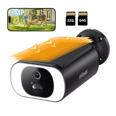 ieGeek S1 Pro Solar Camera - Draadloze Beveiligingscamera voor Buiten - Buiten Camera met Zonnepaneel - Bewakingscamera voor Buiten - Inclusief 64GB 32GB Kaart - Beveiligingscamera Buiten - 5MP Ultra HD - Met Wifi en App - Zwart