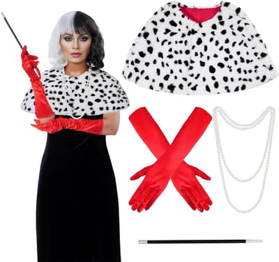 Halloween Dalmatian Kostuum voor Dames met 1920s Rode Handschoenen en Faux Parels, Zwart-Witte Dalmatiër Sjaal voor Volwassen Cosplay