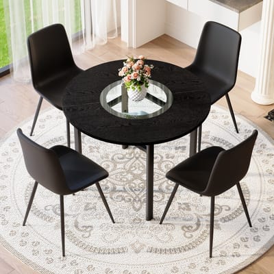 Minimalistische ronde tafelset (met 4 zwarte fauteuils van PU-materiaal en brede comfortabele zitkussens), ronde tafel met een diameter van 100 cm in zwart houtlook, geschikt voor de woonkamer etc.