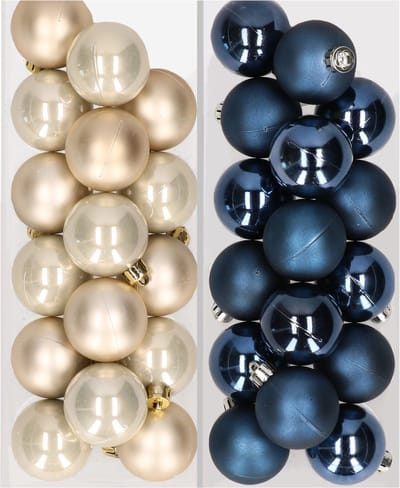 Kleine kerstballen - 32x st - champagne en donkerblauw - D4 cm - kunststof - kerstversiering