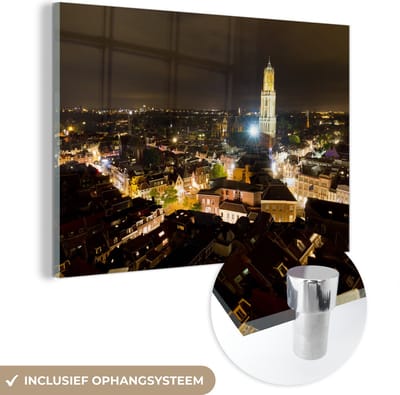 MuchoWow® Glasschilderij 60x40 cm - Schilderij acrylglas - Utrecht - Licht - Dom - Foto op glas - Schilderijen