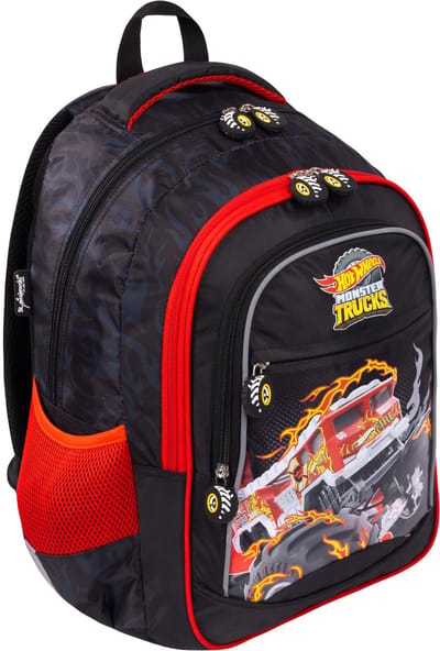Hot Wheels - Rugzak – Monster Trucks - 40 x 30 x 12 cm – Zwart Rood – Ergonomisch – Met Buikband – Schoolrugzak Groot model