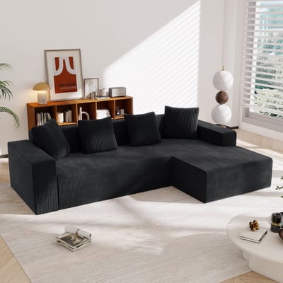 MODENUIT Hoekbank 261 x 146 cm - Modulaire L-vorm met Diepe Zitting - Voor Woonkamer en Slaapkamer - Corduroy Zwart