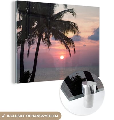 MuchoWow® Glasschilderij 160x120 cm - Schilderij acrylglas - Palmbomen - Pastel - Avond - Zomer - Tropisch - Foto op glas - Schilderijen