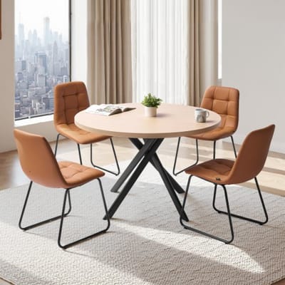 VEVOR Eetkamerset Eettafel (rond) met 4 stoelen Eetkamerset met 4 gestoffeerde oranje stoelen (draagvermogen 149,7 kg), waterdichte keukentafel met houtlook voor eetkamers in kleine ruimtes