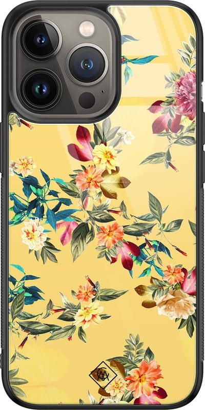 Casimoda® hoesje - Geschikt voor iPhone 13 Pro - Bloemen geel flowers - Luxe Hard Case Zwart - Backcover telefoonhoesje - Geel