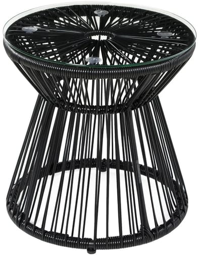 Innovastore Bijzettafel - Bistrotafel - Trommelvormige tafel - Rond blad - Glazenblad - Rotan - 40L x 40B x 42H cm -Zwart