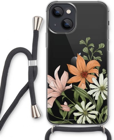 Case Company® - Hoesje met koord geschikt voor iPhone 13 mini hoesje met Koord - Floral bouquet - Telefoonhoesje met Zwart Koord - Bescherming aan alle Kanten en Over de Schermrand