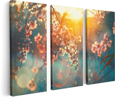 Artaza Canvas Schilderij Drieluik Bloesemboom Tijdens Zonsondergang - Bloem - 120x80 cm - Wanddecoratie Woonkamer - Schilderijen - Muurdecoratie