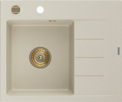Mexen Ben granitische spoelbak met 1 bak en afdruiprek, links, 600 x 500 , beige, gouden sifon - 6522605000-69-G