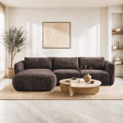 Dimehouse Hoekbank ronde longue mokka bruin velvet structuurstof Dwayne - links - Velvet - Modern - 278 x 177 x 80 xm