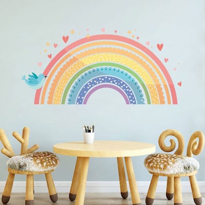 Muursticker - Regenboog - Hartjes - Sterretjes - Vogeltjes - Rainbow - Stars - Birds - Babykamer - Kinderkamer - Rainbow - Verwijderbaar- Zelfklevend