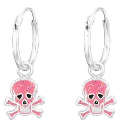 Joy|S - Zilveren skull bedel oorbellen - oorringen - doodskop - roze met glitter - kinderoorbellen halloween